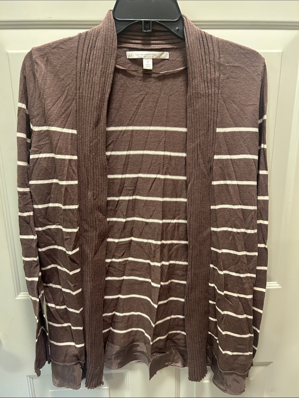 LC Lauren Conrad Brown & White Striped Open-Front Cardigan